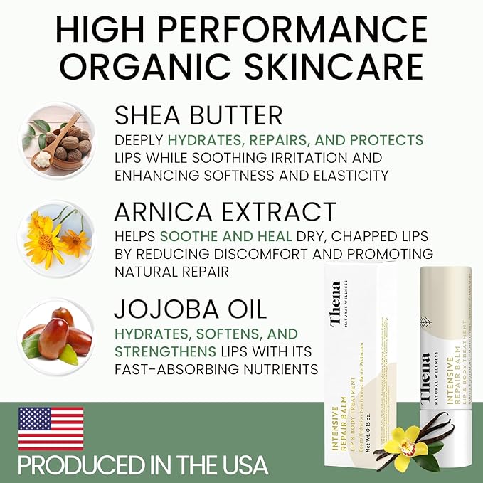 Organic Lip Treatment Balm Ultra Hydrating & Nourishing Care for Dry, Chapped, Cracked Lips & Skin, Visibly Smooths Wrinkles & Fine Lines, Natural Skin Care, Travel Size, Women and Men