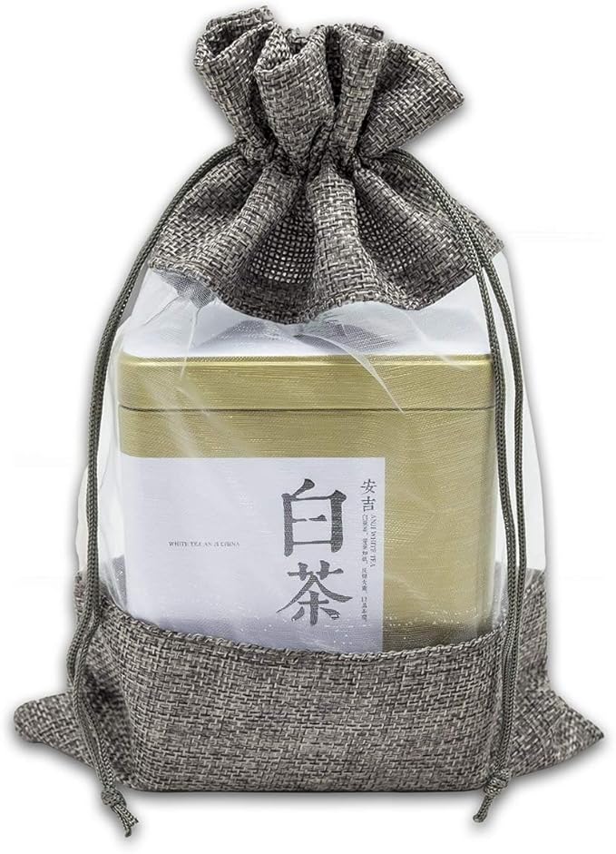12-Pack Large Linen Burlap & Organza Gift Bags w. Drawstrings (6.5x8.5 in, Gray) - Party Favors, Presents, Samples & Treats Mesh Pouch by The Display Guys
