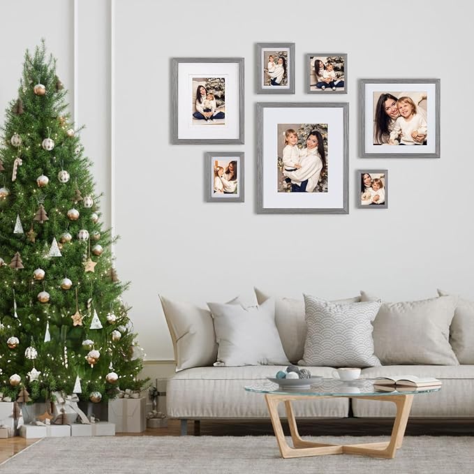 Egofine 8x10 Picture Frames Set of 4, Made of Solid Wood Covered by Plexiglass 4x6 and 5x7 with Mat or 8x10 without Mat, for Table Top Display and Wall Mounting Photo Frame Light Grey