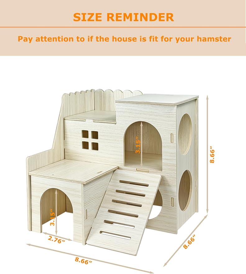 Hamster Hideout Cage Accessories - Hamster House and Habitat Wooden Hide Hut with Climbing Ladder for Syrian Dwarf Gerbils and Mouse Mice Rat Other Small Animals etc.
