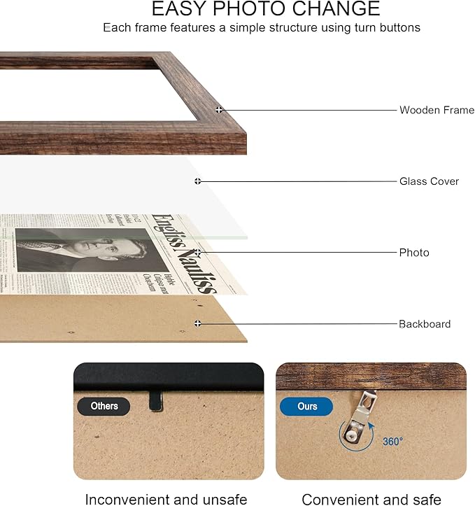 11x22 Newspaper Frame 2 Packs, Real Glass and Rustic Brown Wood Frame, Display Panoramic 11 x 22 Magazine Frames - Horizontal or Vertical Wall Mounting