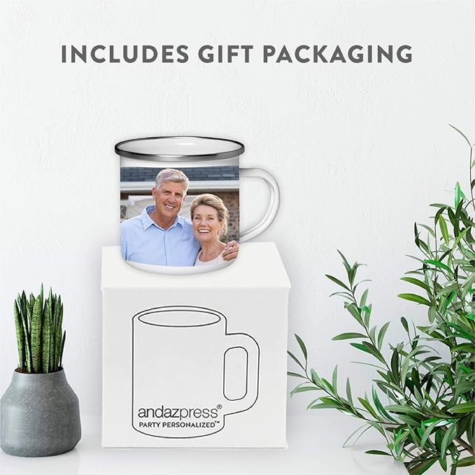 Andaz Press Personalized 11oz. Stainless Steel Custom Campfire Coffee Mug, Custom Mug With Picture, Logo, or Text, Includes Gift Box