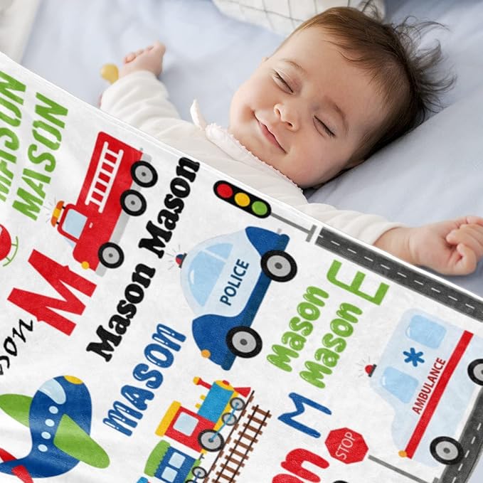Personalized Blanket with Name for Boys, Traffic Car Transport Custom Name Blanket, Soft Flannel Toddler Blankets Customized Gift for Newborn Baby Shower Birthday-30 x40
