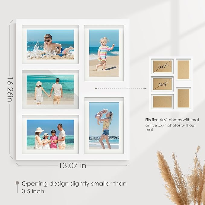 5x7 Picture Frame Collage Holds 5 Photos Made of High Definition Glass, Mat for Display 4x6 Picture Frame Collage Photo for Wall Decor White