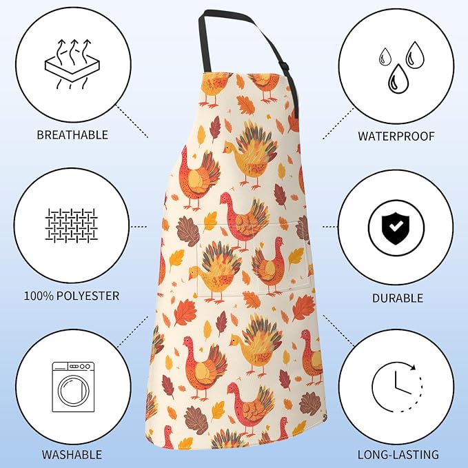 Cute Turkey Apron for Women with Thanksgiving,28x33in,Festive Fall Kitchen Aprons with 2 Pockets,Oxford Fabric,Autumn Adjustable Black Apron for Cooking Baking Gardening Chef,Gifts