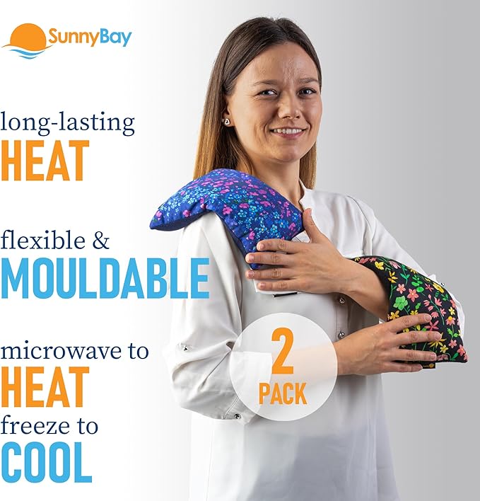 SunnyBay Small Microwave Heating Pad, Microwavable Versatile Cold/Heated Neck and Shoulder Wrap for Back Pain and More, Moist Heat Cotton-Fleece Pad, 6x11 Inches, Lilac and Green Flowers, Pack of 2