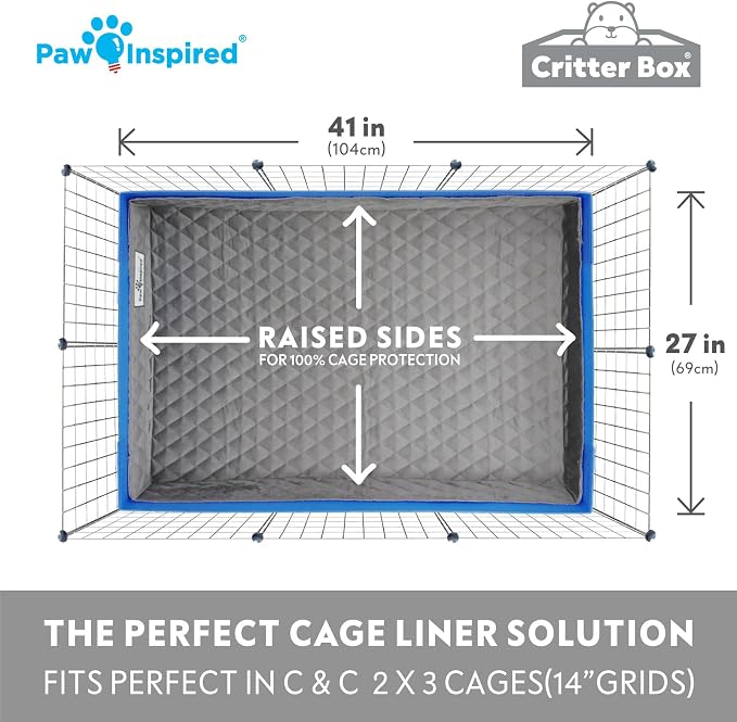 Paw Inspired Critter Box Cage Liner, Raised Sides, C&C 2x3 Size | Washable Fleece Bedding for Guinea Pigs Rabbits, Hamsters, Small Animals, Edge Protected Pee Pads