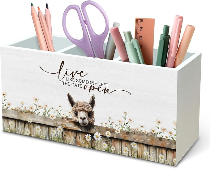 DILSJ Alpaca Inspirational Pen Pencil Holder Organizer for Desk, Alpaca Gifts for Women, Live Like Someone Left the Gate Open Wooden Box Signs for Home Office Desk Tabletop Decoration