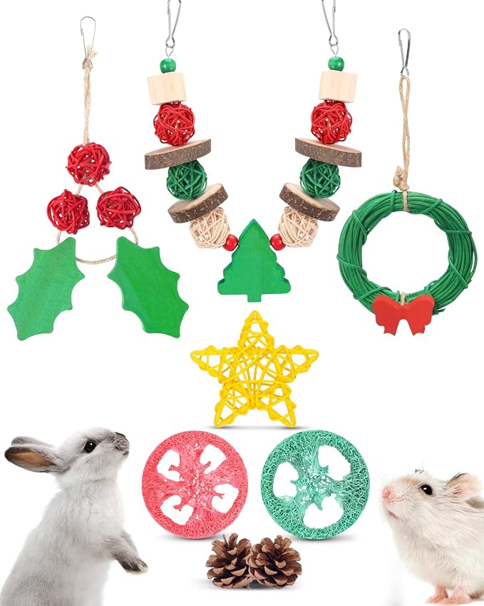 Xylolfsty Christmas Small Pet Chew Toys Set 8PCS for Guinea Pigs | Wooden Accessories for Chinchilla, Hamster & Bunny Rabbit Cages, Help Teeth Grinding, Holiday Decor and Gifts for Small Pets