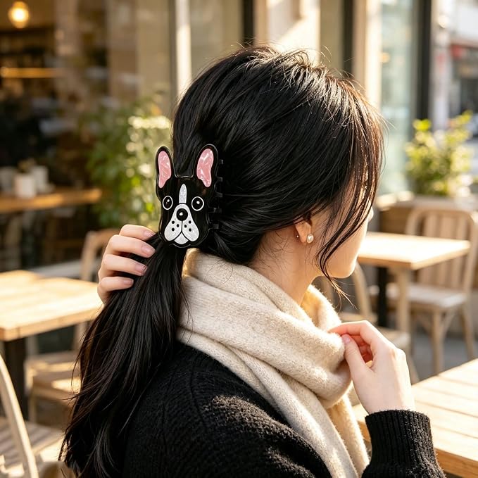 Cute French Bulldog Hair Claw Clips Dog Hair Clips Acrylic Hair Barrettes | Black White Puppy Hair Jaw Clips Animal Hair Accessories Strong Hold Nonslip Grip Clips for Women Daily Holiday Party Styling