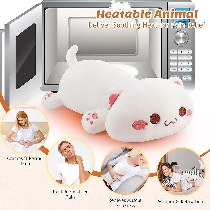 1.8lb White Cat Stuffed Animals Plush Microwavable Heating Pad-14'' White Cat Heating Pads for Cramps &Period Pain Relief, Heatable & Coolable Stuffed Animals Bedtime Birthday Gift for Women Kids