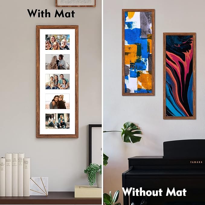 8x24 Collage frame with 5 Openings 4X6 Pictures, Multiple Picture Frame with Mat, Wall or Tabletop Decor, Carbonized Brown Wood Grain (1 Pack)