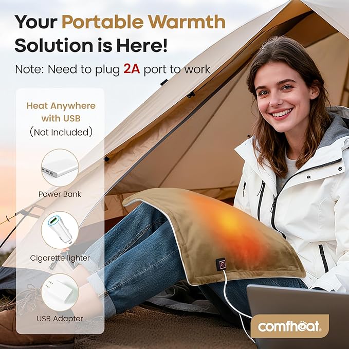 USB Heating Pad, 5V Heated Travel Pads, 3 Heat Settings & Auto Shut Off, Hot Therapy for Pain Relief Abdomen Cramps (16"x 12") (Non-Chargeable) Khaki