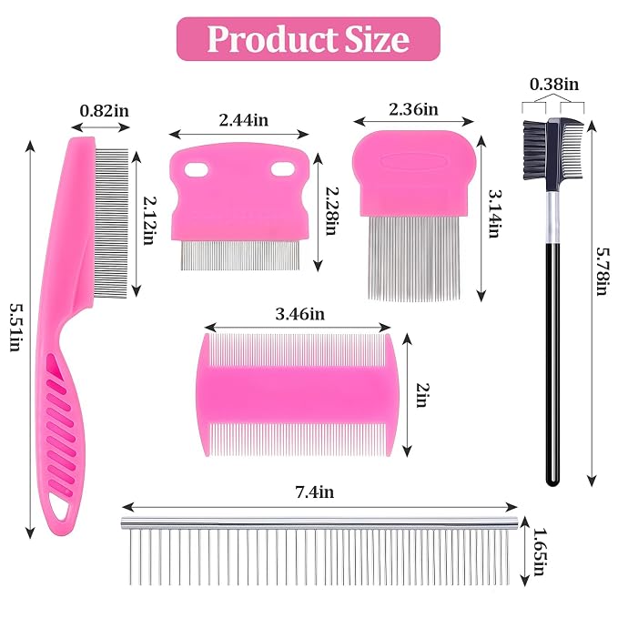6 Pack Pet Grooming Combs, Stainless Steel Dog and Cat Grooming Combs with Rounded Teeth, Double-Sided Professional Pet Tear Stain Remover for Small, Medium, and Large Pets (Pink)