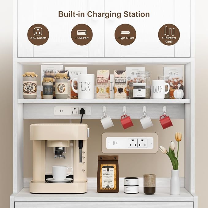 Korfile 71" Tall Kitchen Pantry Storage Cabinet with Power Outlet & LED Light, Freestanding Food Pantry Cabinet with 4 Doors and Shelves, Cupboard with Drawer, Hutch with Microwave Stand, White