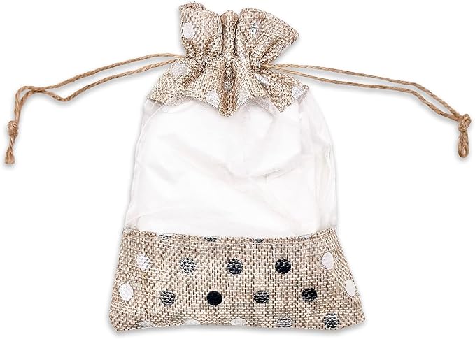 12-Pack Medium Linen Burlap & Organza Gift Bags w. Drawstrings (5x7 in, Beige/Silver Polka) - Party Favors, Presents, Samples & Treats Mesh Pouch by The Display Guys