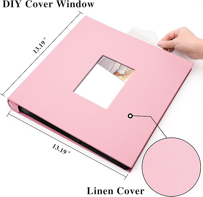 Photo Album Holds 600 Pockets with Linen Cover and Customizable Window, Fits 4x6 Photos, Archival Black Pages, Pink