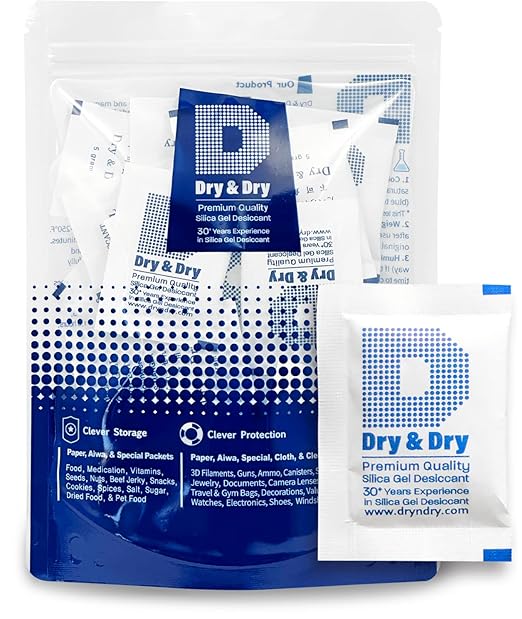 Dry & Dry Silica Gel Packets Desiccant Dehumidifiers, Silica Gel Packs - Rechargeable (Food Safe) Moisture Absorbers, Silica Packets - White - 30 Packets (5 Gram)