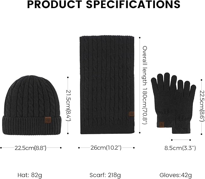 Womens Winter Beanie Hat Scarf Gloves Set, Knit Touch Screen Gloves Long Scarf Skull Caps Fleece Lined Winter Gift