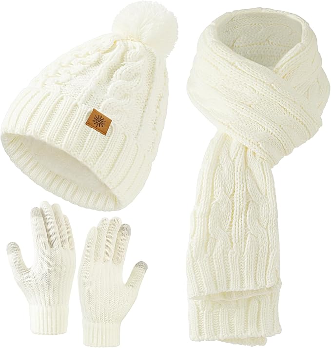Tavaleu Womens Winter Beanie Hat Scarf Gloves Set, Pom Pom Beanie Warm Knit Scarf Touchscreen Gloves for Cold Weather