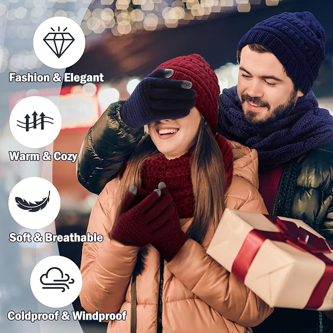Winter Beanie Hat Scarf Gloves Set, Winter Clothes for Women, Fleece Lined Hats Touchscreen Gloves Thick Neck Warmer