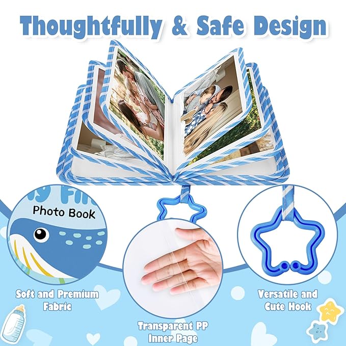 Lanpn My First Baby Photo Album Holds 17 4x6 Photos, Soft Cloth Family Book with Name Card Name Tag Stickers, Fabric Kid Memory Keepsake Gift for 4x6 Baby Shower Kids Newborn Toddlers Boy Girl (Ocean)