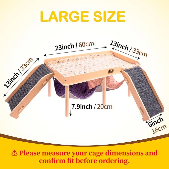 BESNEW Enlarged Guinea Pig Hammock with Platform and Stairs,Wooden Foldable Piggies Hideout for Guinea Pigs Bunny Ferret Hamster Hiding Sleeping Activities 24L x 12W x 11H in（Double）