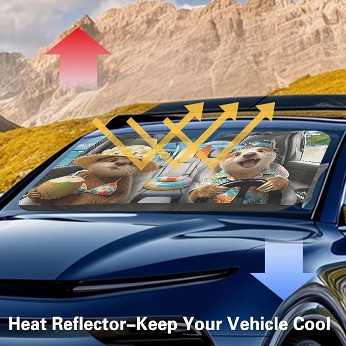 Cute Otter Car Front Windshield Sun Shade Foldable Tropical Sun Visor Protector Accessories for Cars Truck SUV UV Rays & Heat Protection Car Windshield Sunshade with Storage Bag