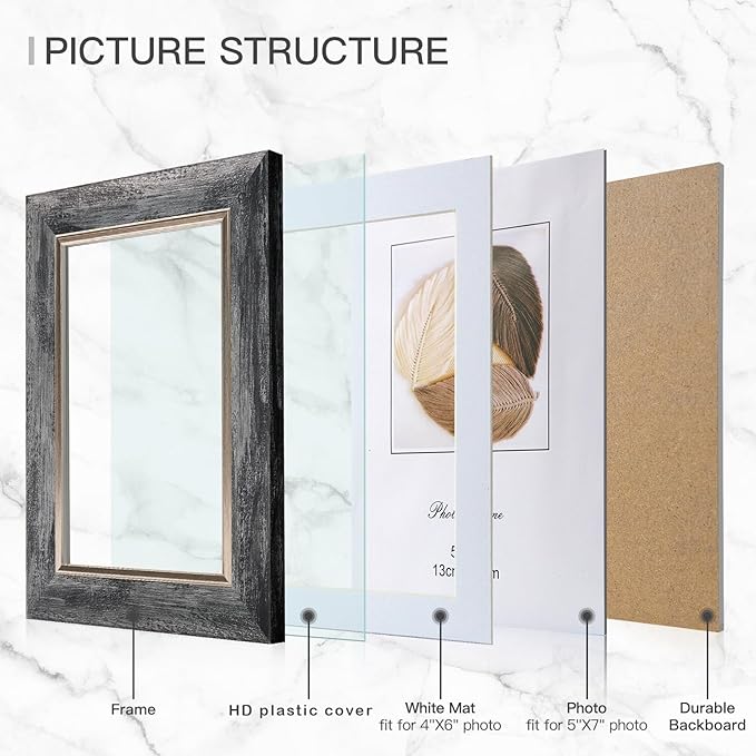 XUANLUO 5x7 Picture Frames Set of 4 Rustic Retro Photo Frame with HD Plastic Cover for Wall Mount and Tabletop Display Family Friends Wedding Gift