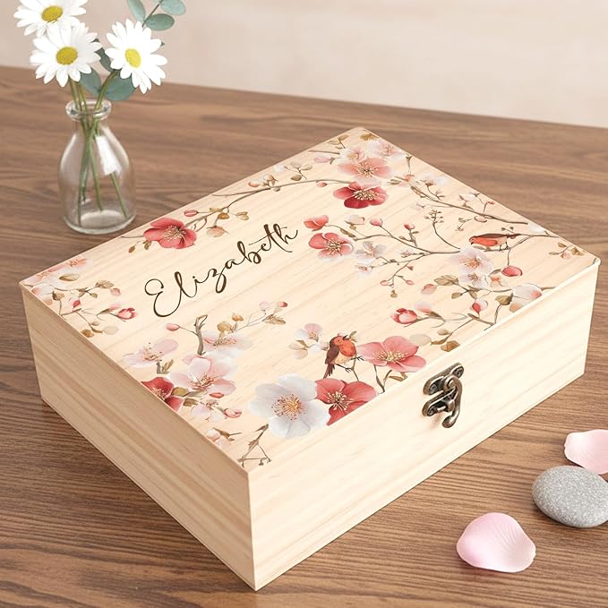 Personalized Wooden Box for Women, Pine Keepsake Garden Wood Box with Lids, Memory Storage Wooden Boxes for Mom Wife Gardener, Birthday Housewarming Christmas Gifts