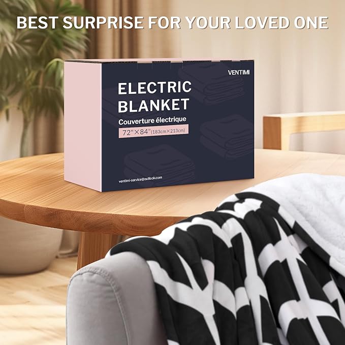 VENTIMI Electric Blanket Heated Throw, 72" x 84" Heated Blanket with 9 Heat Levels & 2 to 10 Hours Auto Off, Fast Heating Blankets with ETL & FCC Certification, Black