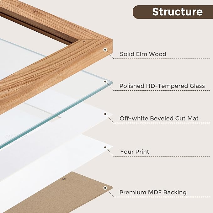 Fun Memories 5x7 Picture Frame with Mat for 4x6 Photo, Solid Elm Wood & Tempered Glass, Rustic Wall & Tabletop Display Frame, Natural, 1 Pack