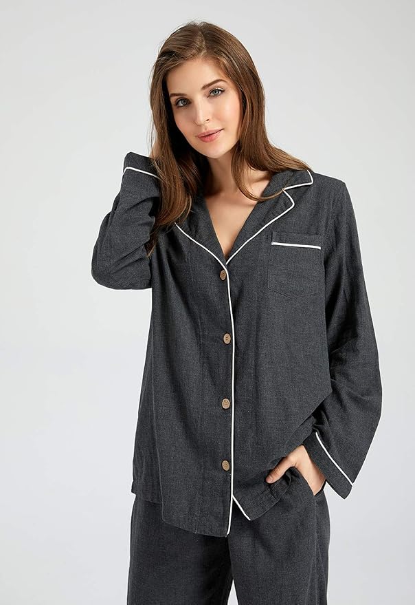 Womens Pajama Sets 100% Double Gauze Cotton Linen Like Muslin Pajamas Long Sleeve Button Down Sleepwear Soft Pjs Lounge Set