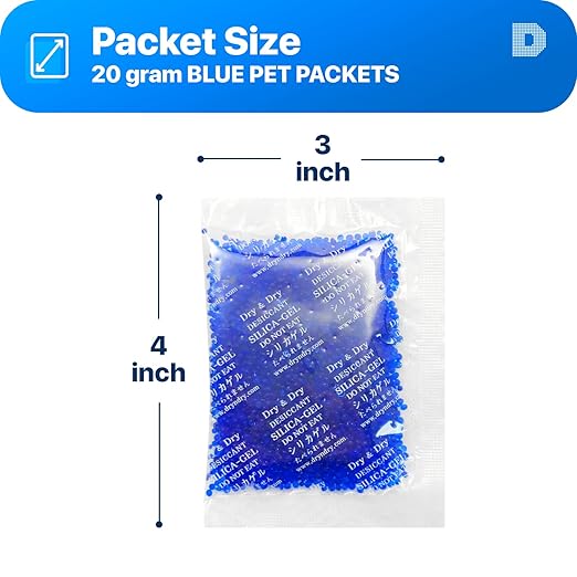 Dry & Dry Blue Indicating(blue to Pink) Silica Gel Packets Desiccant - Rechargeable Silica Packets, Silica Gel Packs - 100 Packets (20 Gram)