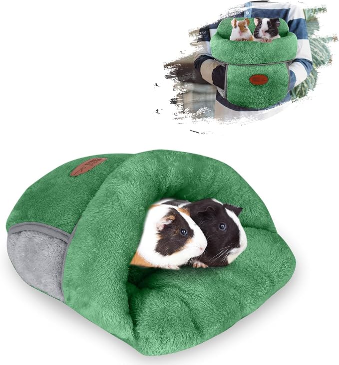 YUEPET Guinea Pig Bed Cuddle Cave, Warm Fleece Hideout, Green | Cozy Guinea Pig House, Portable Guinea Pig Hideout, Soft Coral Fleece, Washable Cushion, Folds Flat