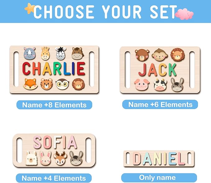 Name Puzzle for Kids Personalized, First Birthday for Baby Boy Girl, Wooden Name Puzzles with Hollowed-Out Handle for Toddlers 1-3, Educational Toys for 1 Year Old (Animal)