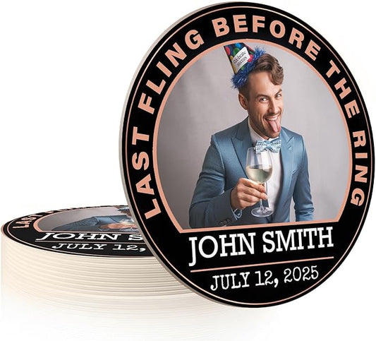10 Pack Personalized Bachelor Party Coasters, Custom Cardboard Drink Coasters with Photo Print and Text, Fun Bachelor Party Favors and Gifts, 3.95" Round, Design 4
