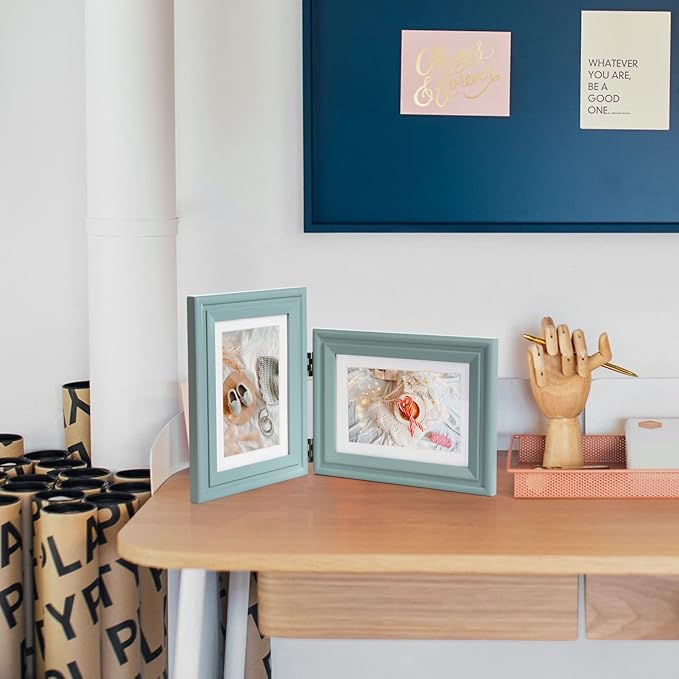 5X7 Double Wooden Hinged Picture Frame Vertical and Horizontal in Teal Blue, Display 4x6 with Mat or 5x7 without Mat, Folding Photo Frame with Real Glass Front for Tabletop X2-LAN-SH57