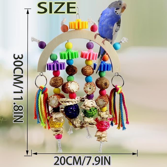 Corn cob and wooden mango combination natural wooden parrot chew toy | Colorful gear beads and ropes, safe to bite and relieve boredom, are ideal cage decorations for medium to large parrots