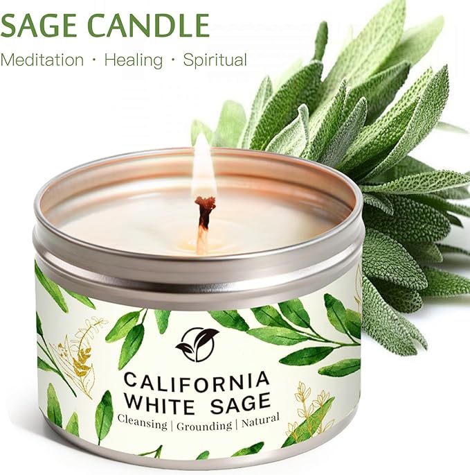Sage Candles for Cleansing, White Sage Candle 6 Oz- 35 Hour Burn Time, Soy Wax Aromatherapy Candles for Cleansing House Negative Energy Smudge Kit, Scented Candle Gifts for Women