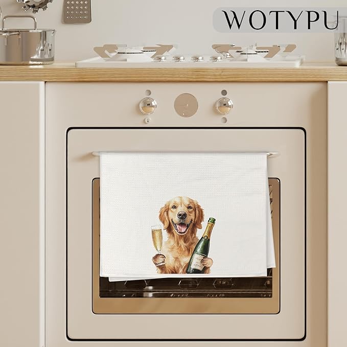 Golden Retriever Gifts Kitchen Bar Towels, Dog Lover Gifts Dish Tea Towel, Funny Golden Retriever with Champagne Decorative Hand Towels for Kitchen Bar Cart Decor, 16x24 Inch