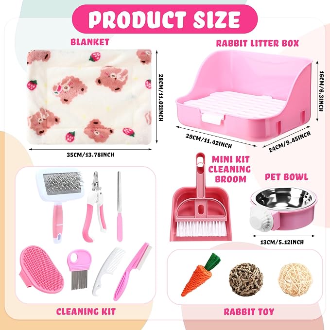 Reallnaive 15 Pcs Rabbit Starter Kit Small Rabbit Litter Box Girls Gift Animal Grooming Kit Bunny Toys Bowl Blankets with Cleaning Set for Guinea Pig Accessories(Pink)