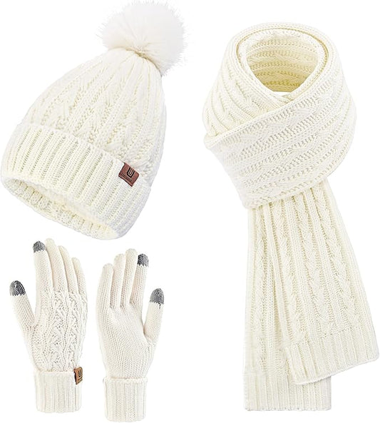 Uerymit Womens Winter Warm Beanie Hat Long Scarf Touchscreen Gloves Set with Fleece Lined Skull Pom Caps 3 in 1 Set for Gift