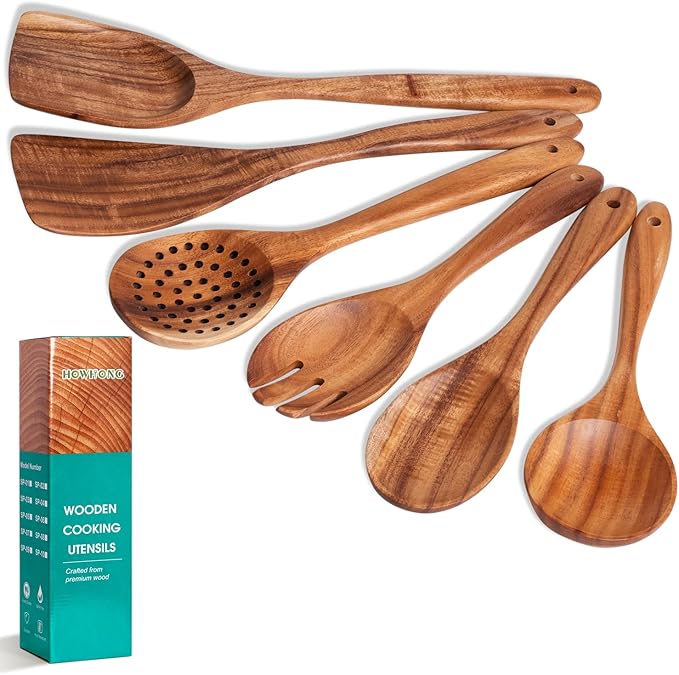 Wooden Spoons for Cooking, 6-Piece Natural Teak Wood Cooking Utensils Set – Wooden Kitchen Utensils Set with Smooth Finish Comfort Grip, Nonstick Safe Non-Toxic Wooden Cooking Tools by HOWHONG