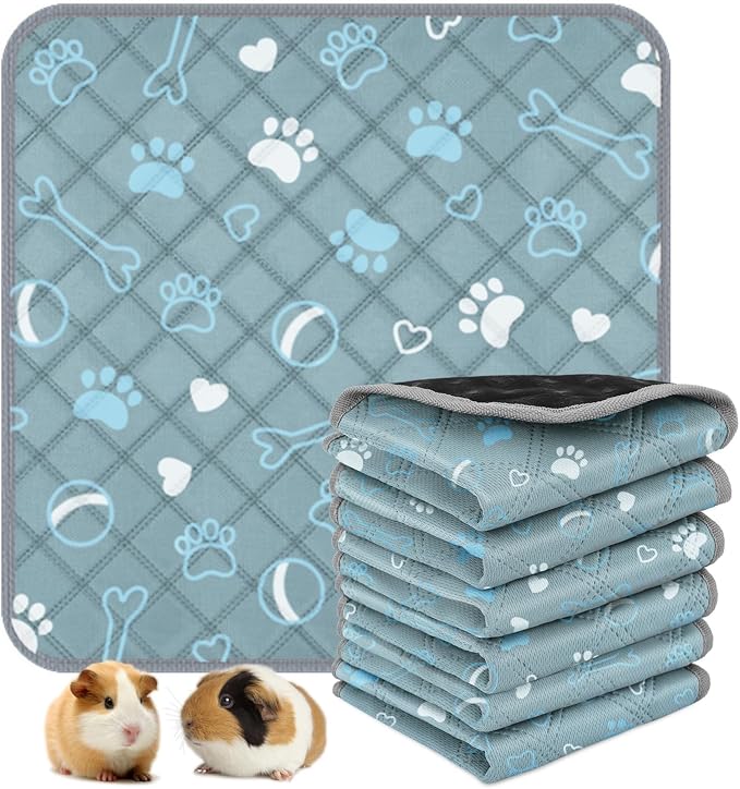 6 Packs Washable Guinea Pig Cage Liners with with Paw Print, Waterproof Guinea Pig Pee Pads Reusable Absorbent Bedding Anti Slip Mats for Small Animals Bunny Rabbit Hamster (Blue, 12 x 12in)