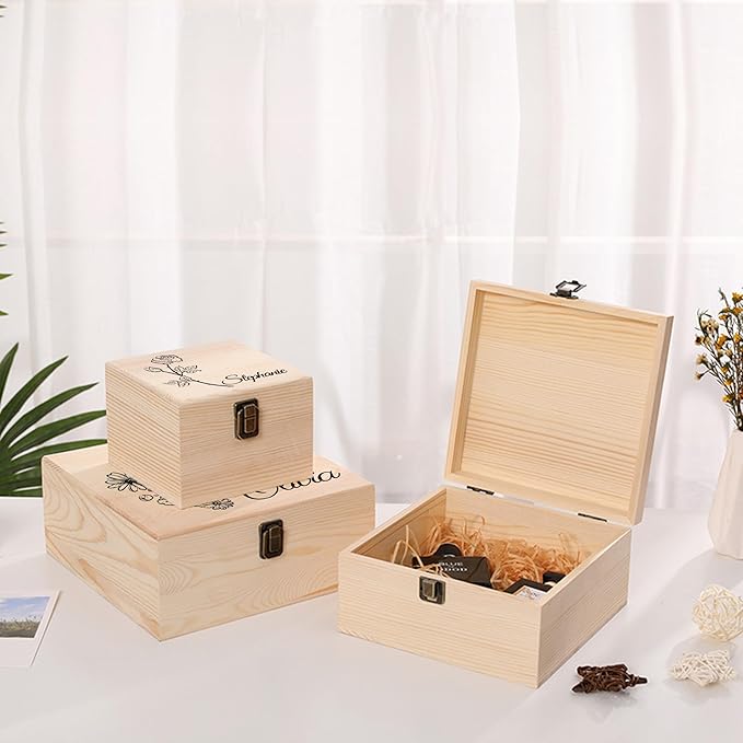 Personalized Wooden Keepsake Memory Box with Birth Flower & Name, Custom Wood Decorative Storage Box with Lids Customized Christmas Gift Box for Women Teen Girls Mom Birthday Gifts