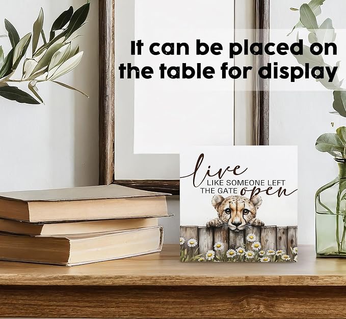 Nursery Cheetah Wooden Box Sign, Cute Live Like Someone Left the Gate Open Wooden Signs for Home Decor,Funny Animal Kitchen Bedroom Decor,Cheetah Gifts for Kids Boys Girls, 5x5