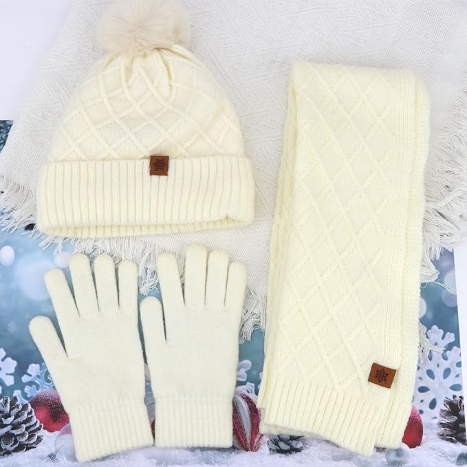 YARIEW Winter Hat Scarf and Gloves Set for Women, Warm Knitted Beanie with Pom Pom, Soft Ear Warmer Scarf, Warm Gloves