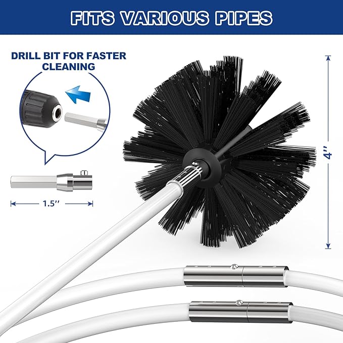 32 Feet Dryer Vent Cleaner Kit, Enhanced Flexible Quick Snap Brush with Drill Attachment for Effective Cleaning, 360 Degree Rotation Without Loosening, Use with or Without a Power Drill