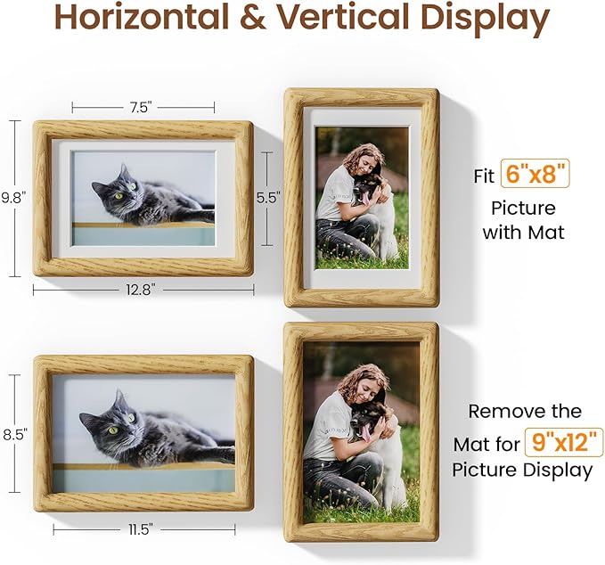 9x12 Picture Frame Natural Oak Wood From California-USA with Real Tempered Glass, Handcrafted 9 x 12 Diploma Frame Matted to 6x8 Wedding Photo,Family Picture,Graduation Picture Display Table & Wall